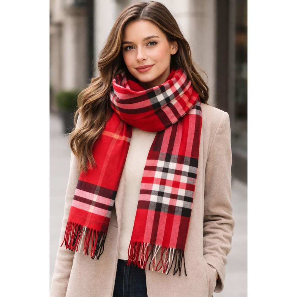 NWT V. Fraas Cashmink Blanket Wrap Scarf Red Plaid Made in Germany 74" x 23"